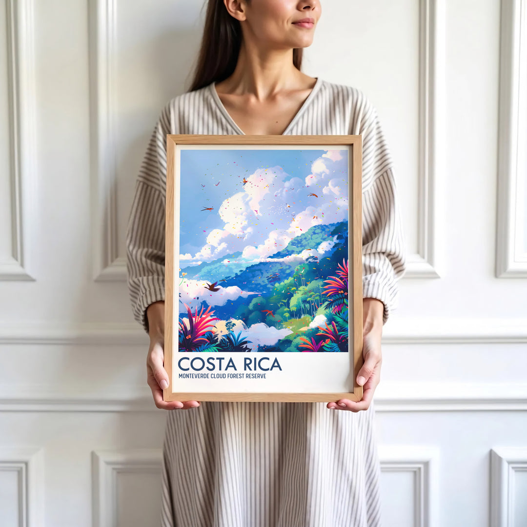 Exotic Costa Rica nature art featuring birds and tropical flora in the Monteverde Cloud Forest Preserve shines in this wall print. Order custom framed, unframed, and canvas options at MapYourDreams for an accent.