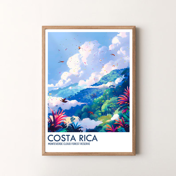 Bright tropical colors and cloud-draped mountains in the Monteverde Cloud Forest Preserve star in this retro travel poster print. MapYourDreams offers versatile framed, unframed, and canvas options to elevate decor.