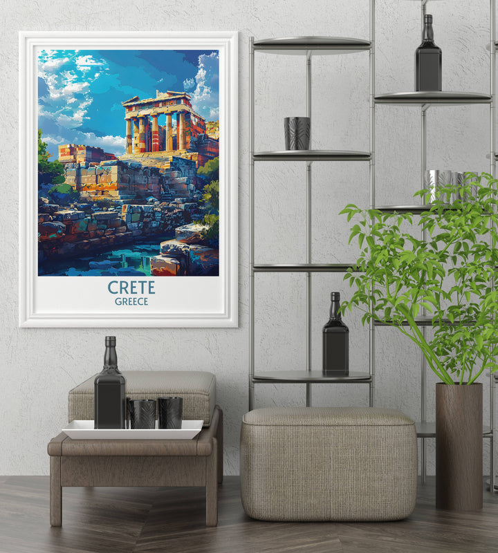 Aerial view of Chanias cityscape and Venetian Port, depicted in a vintage style travel poster, ideal for collectors and decor enthusiasts