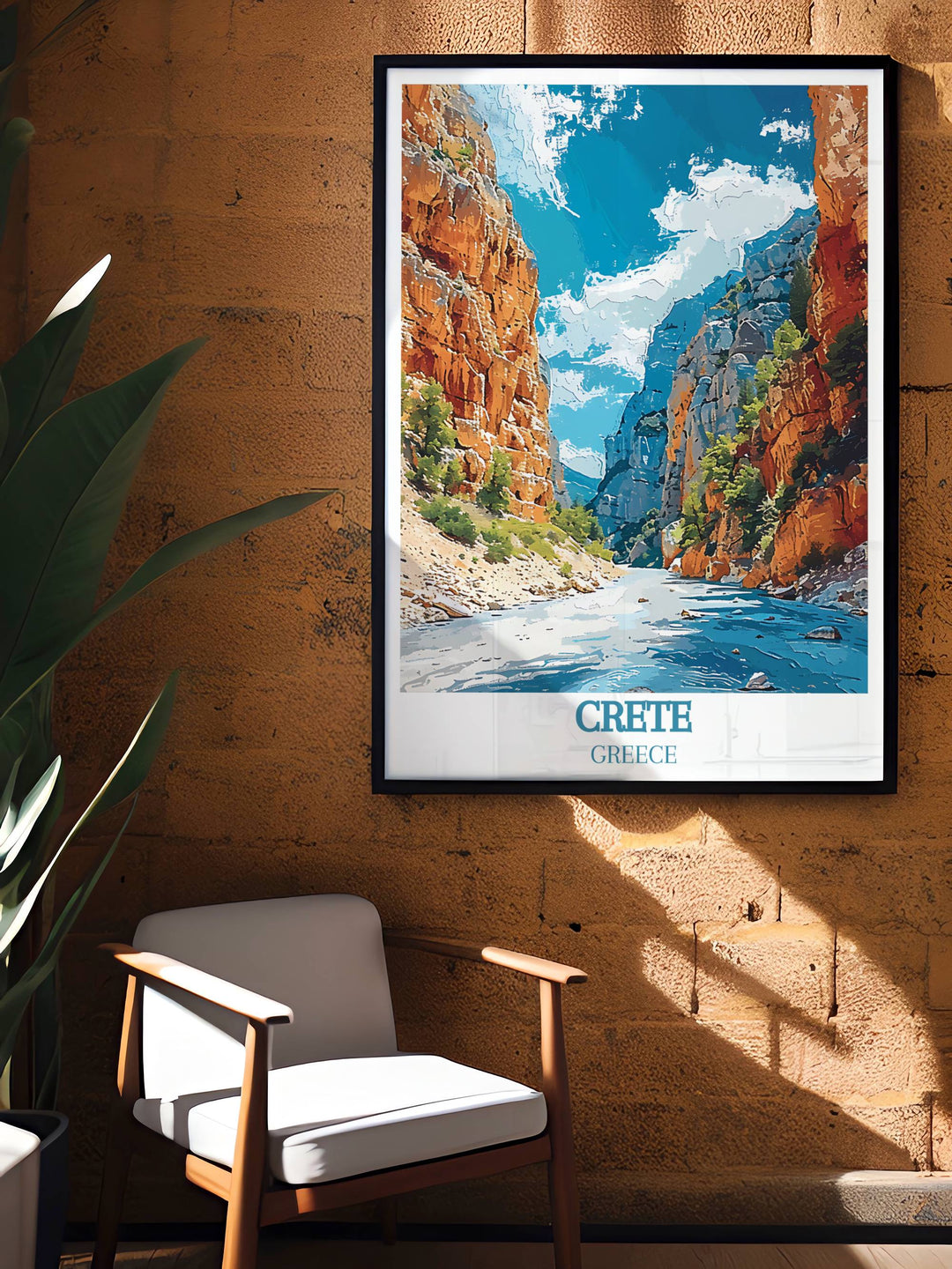 Visual depiction of Samaria Gorge in Greece, featuring detailed imagery of its long narrow paths and native flora, perfect for adding a touch of nature to any room.