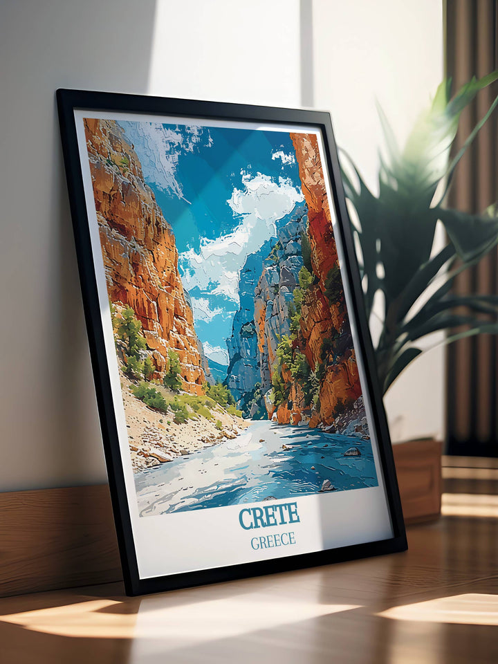 Fine art print showcasing the rugged terrain of Samaria Gorge, highlighting the natural contrasts between the rocky cliffs and verdant plant life.