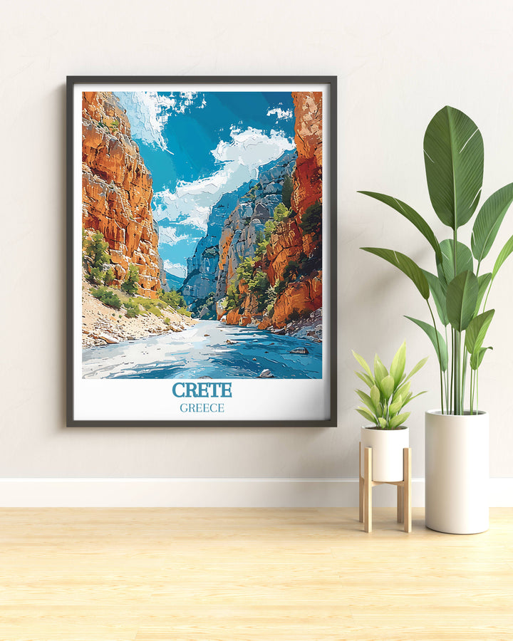 A scenic print of Samaria Gorge during the golden hour, with shadows and highlights playing across the crevices, enhancing the natural beauty of the gorge.