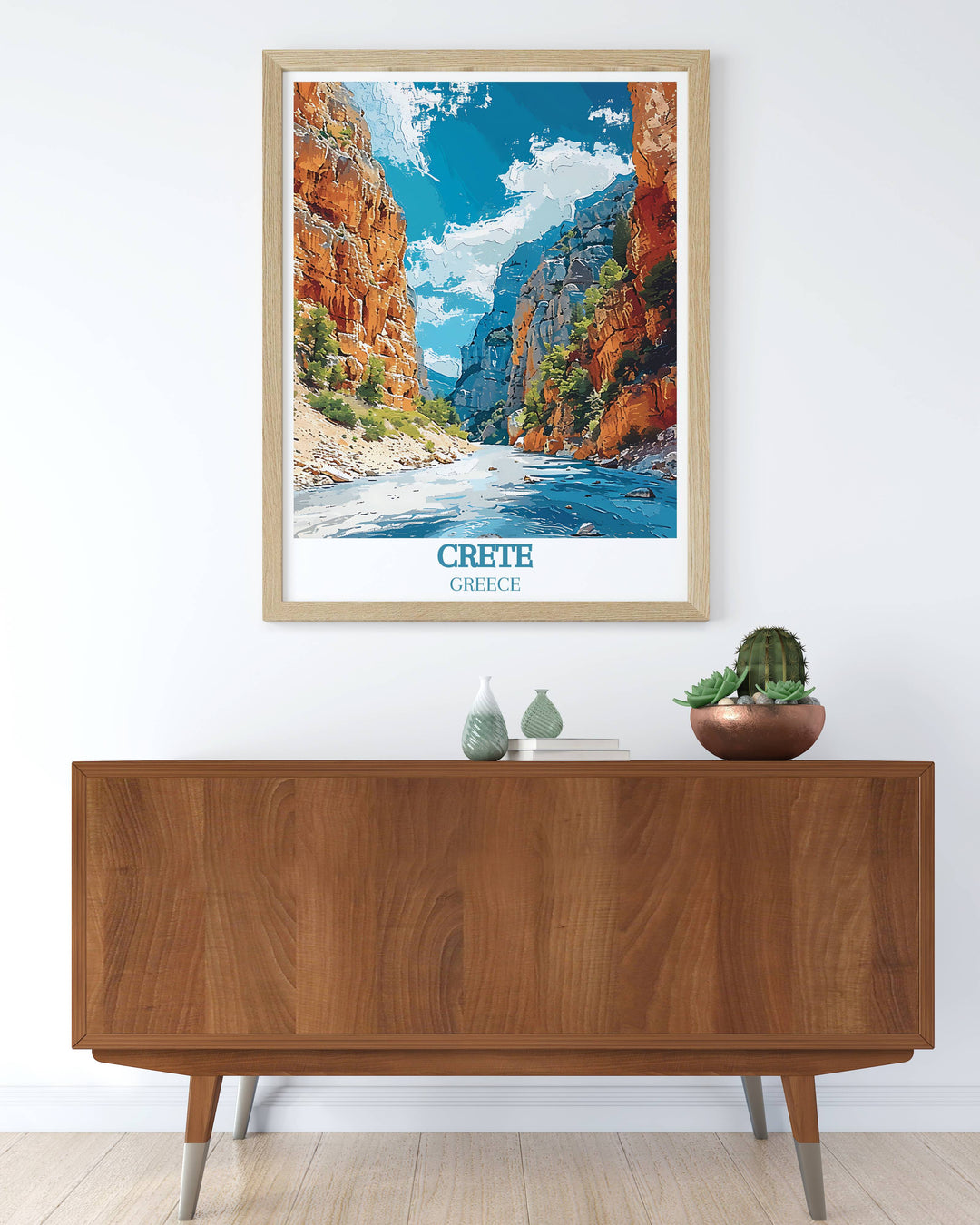 The dynamic landscape of Samaria Gorge, portrayed in a print that showcases the depth and beauty of its towering cliffs and lush vegetation.