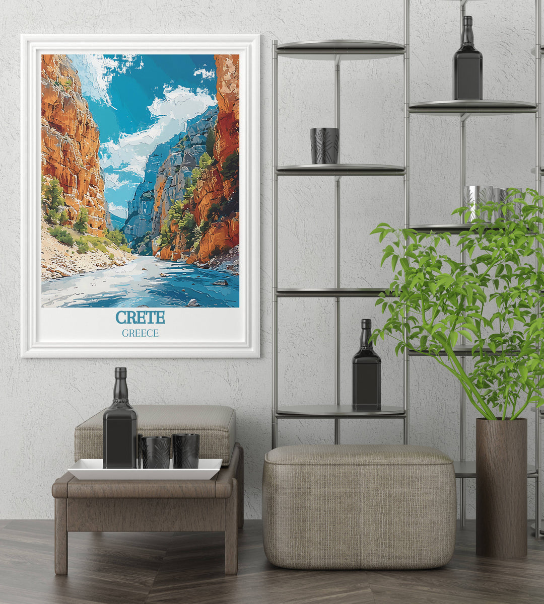 Detailed print of Samaria Gorge, focusing on the unique geological formations and the diverse ecosystem found within this famous Cretan landmark.