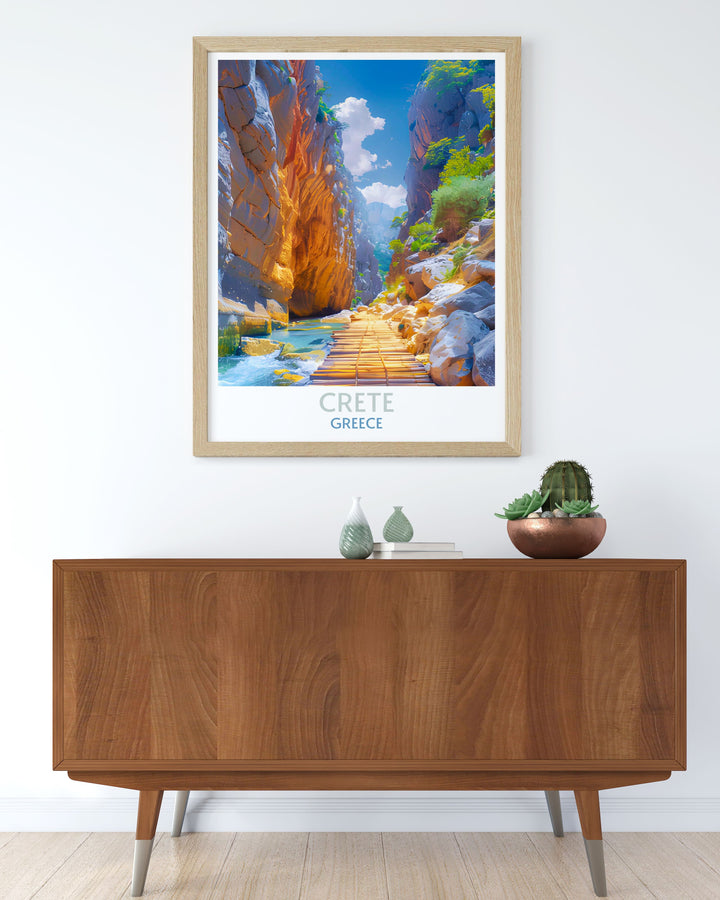 Print showcasing a panoramic view of Samaria Gorge, emphasizing the expansive natural beauty found in Crete.