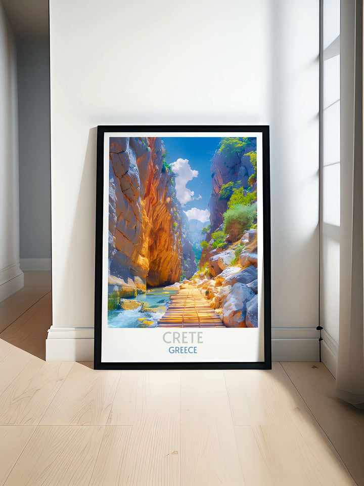  Detailed print of Samaria Gorge in Crete highlighting the towering cliffs and lush Mediterranean vegetation that line the scenic trail.