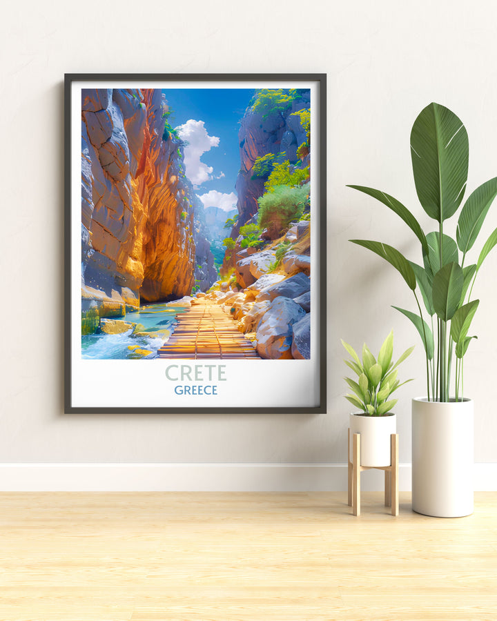 Wall art of Samaria Gorge showing a narrow pass between steep rocky cliffs covered with dense greenery in Crete.