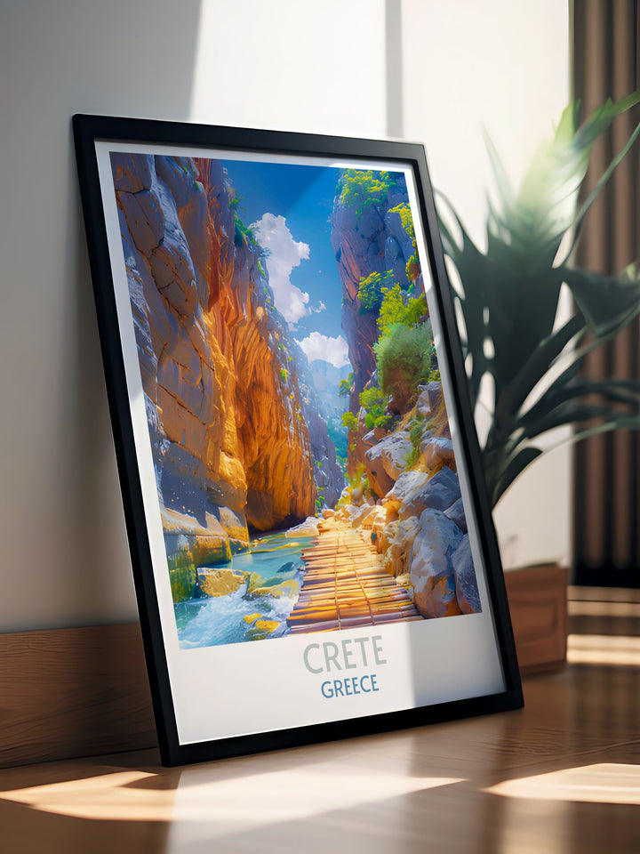 Samaria Gorge poster depicting the serene beauty of its winding paths through the rugged terrains of Crete.