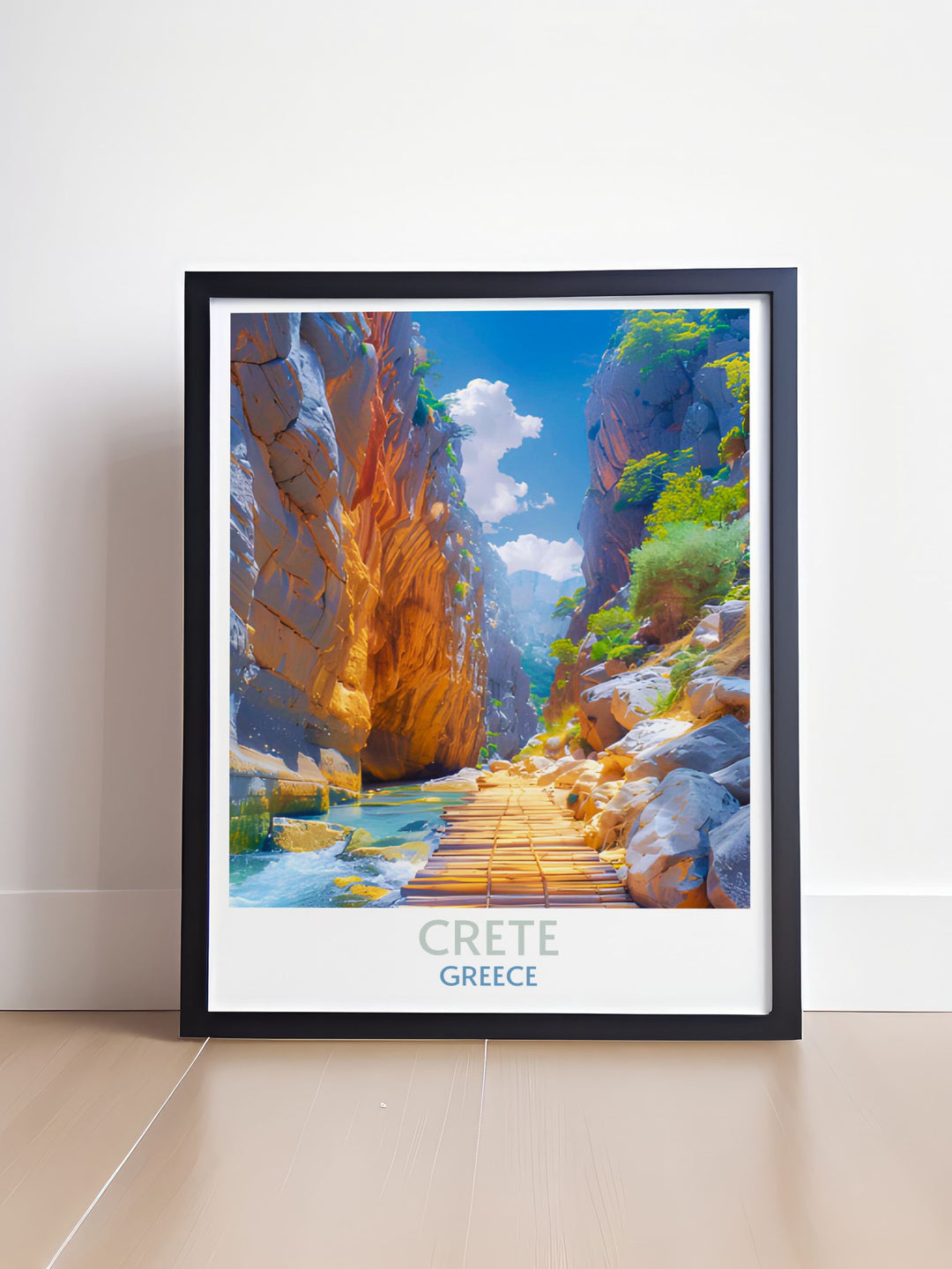 Artistic rendering of a typical scene in Samaria Gorge with clear skies and a deep valley surrounded by high mountains in Crete.