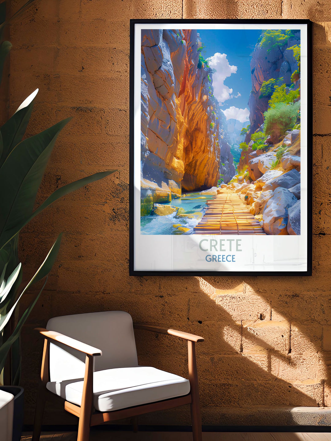 Samaria Gorge travel poster illustrating the captivating and wild natural environment ideal for hikers and nature lovers visiting Crete.
