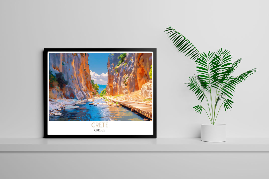 Artistic representation of Crete featuring Samaria Gorge with emphasis on its natural beauty and dramatic cliff sides perfect for wall decoration