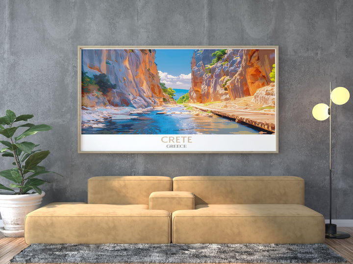 High quality print featuring the iconic Samaria Gorge, emphasizing the harmony between Cretes geological formations and lush vegetation