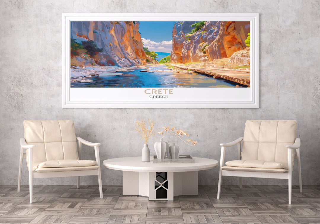 Detailed artwork of Samaria Gorge capturing the dense greenery and serpentine trails iconic to Cretes rugged landscape