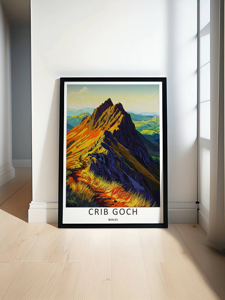 Captivating mountain panorama print of Snowdonia featuring the legendary presence of the Crib Goch ridge under a soft gradient sky, making for a timeless canvas print or a pure gold frame.