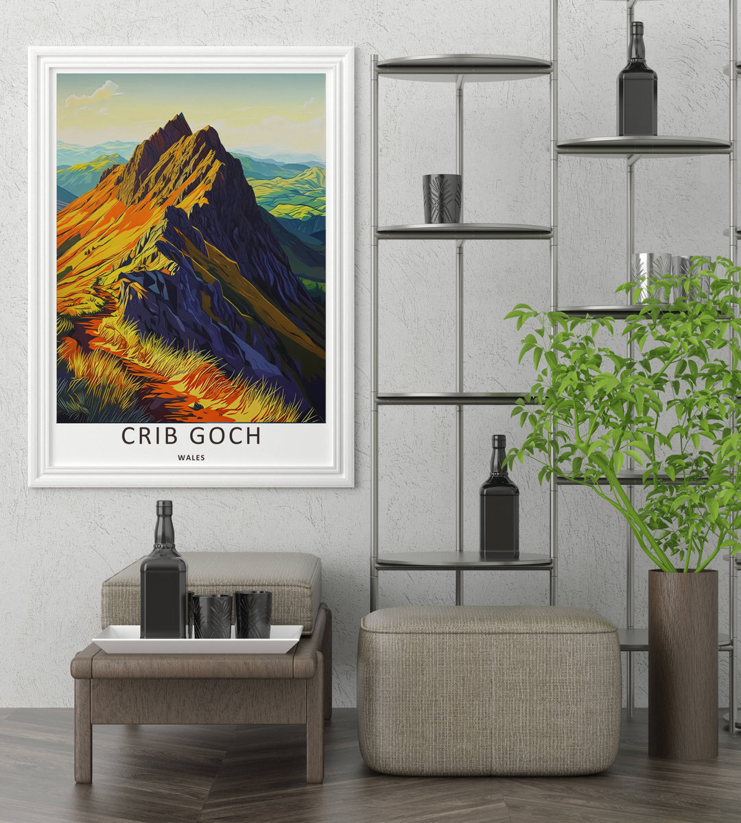 Mid-century vector illustration of the famous knife-edge mountain path at Crib Goch in Snowdonia, perfect as an un-matted standalone fine art print for custom frame sizing and home wall decor.