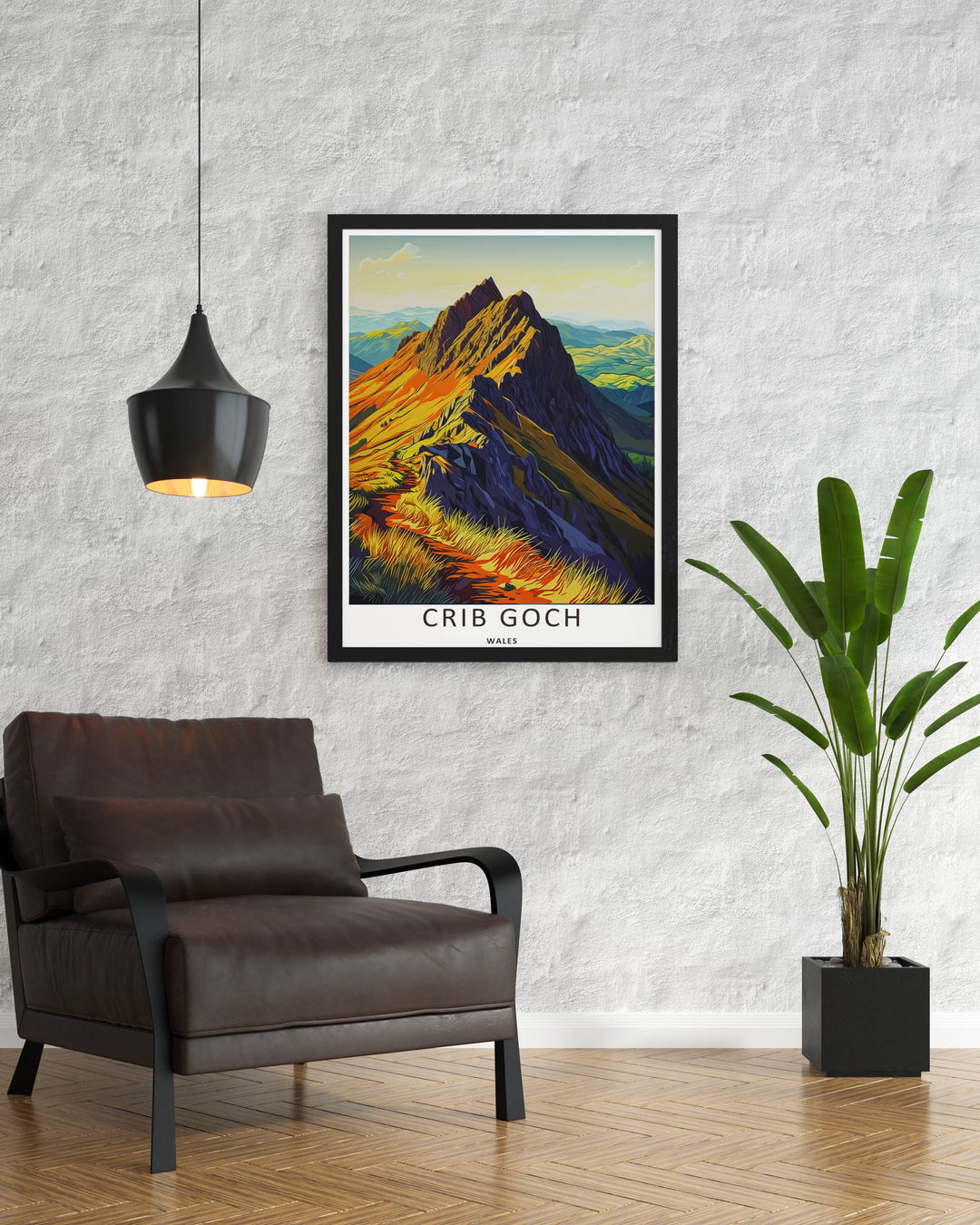 Vibrant vector print showcasing sharp blue valley shades and the sun-bleached golden grass of Crib Goch in Wales, perfect as a framed travel print for luxury Scandinavian home styling.