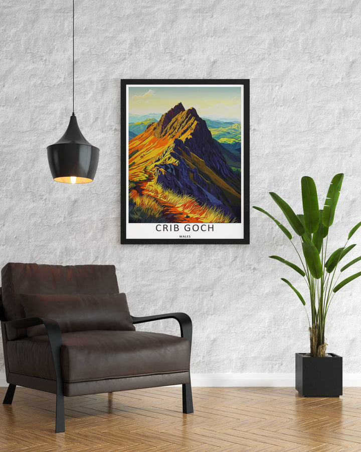 Vibrant vector print showcasing sharp blue valley shades and the sun-bleached golden grass of Crib Goch in Wales, perfect as a framed travel print for luxury Scandinavian home styling.