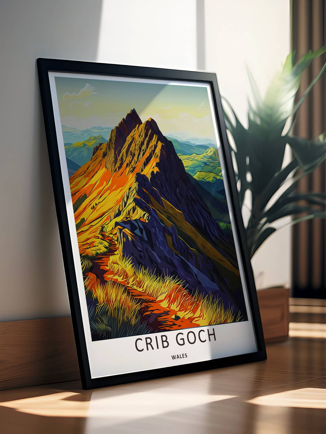 A premium fine art poster capturing the rugged alpine grass and sharp slate paths of Crib Goch in Eryri National Park, available as a textured canvas print or within timeless natural frames.