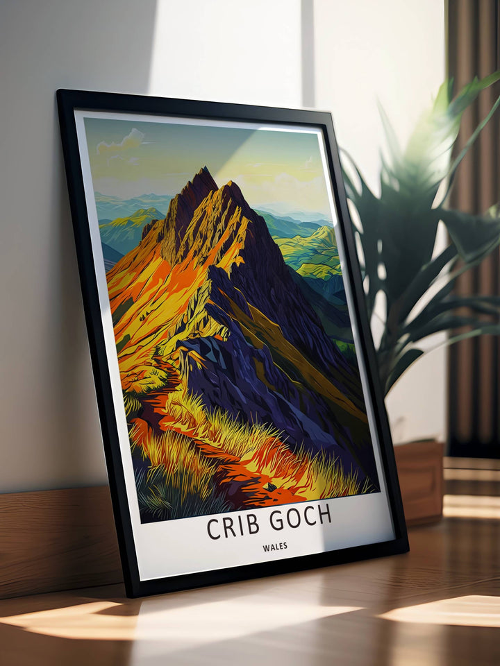 A premium fine art poster capturing the rugged alpine grass and sharp slate paths of Crib Goch in Eryri National Park, available as a textured canvas print or within timeless natural frames.