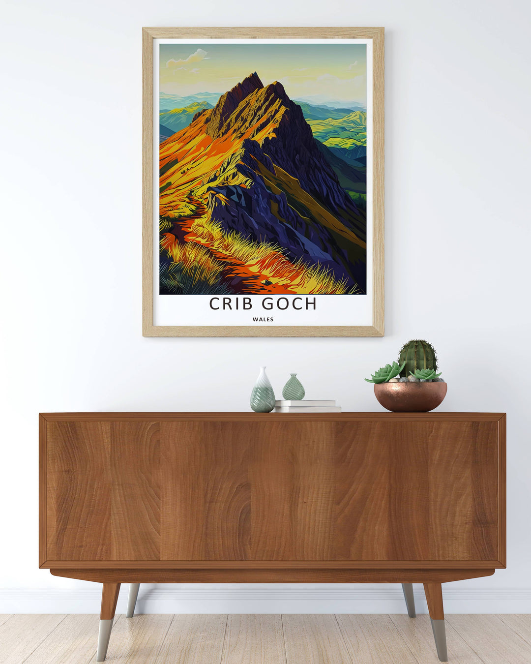 MapYourDreams mountain travel display showcasing a highly detailed geometric rendering of the Crib Goch ridge walk in Wales, customizable as a canvas print or a stylized retro black framed piece.