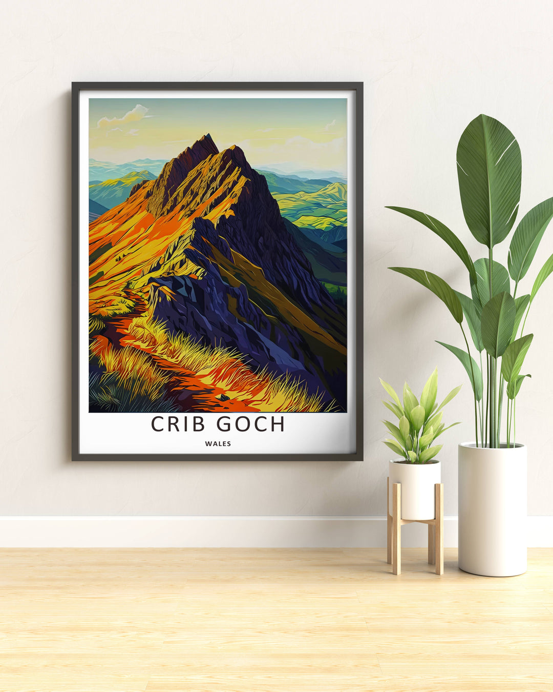 Radiant warm-toned print celebrating Welsh geography with a sharp geometric perspective of the Crib Goch mountain range in Snowdonia, displayed on a bedroom wall within a rustic natural wood frame.