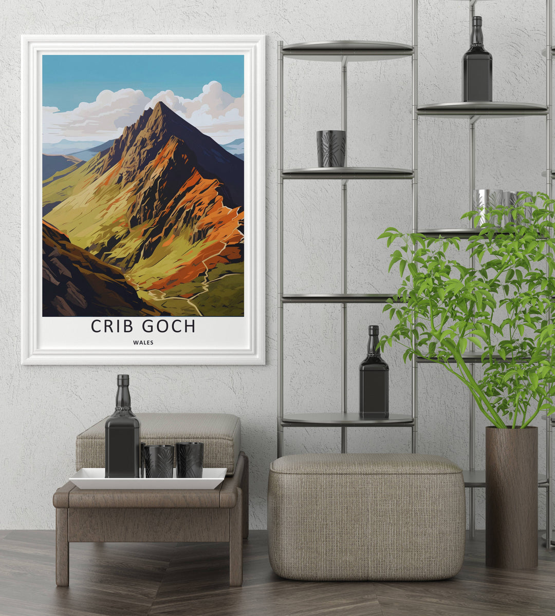 Richly colored Welsh mountain scene showing the massive peak of Garnedd Ugain under a bright blue sky filled with white clouds, enclosed in a crisp white frame for a clean lifestyle gallery wall aesthetic.