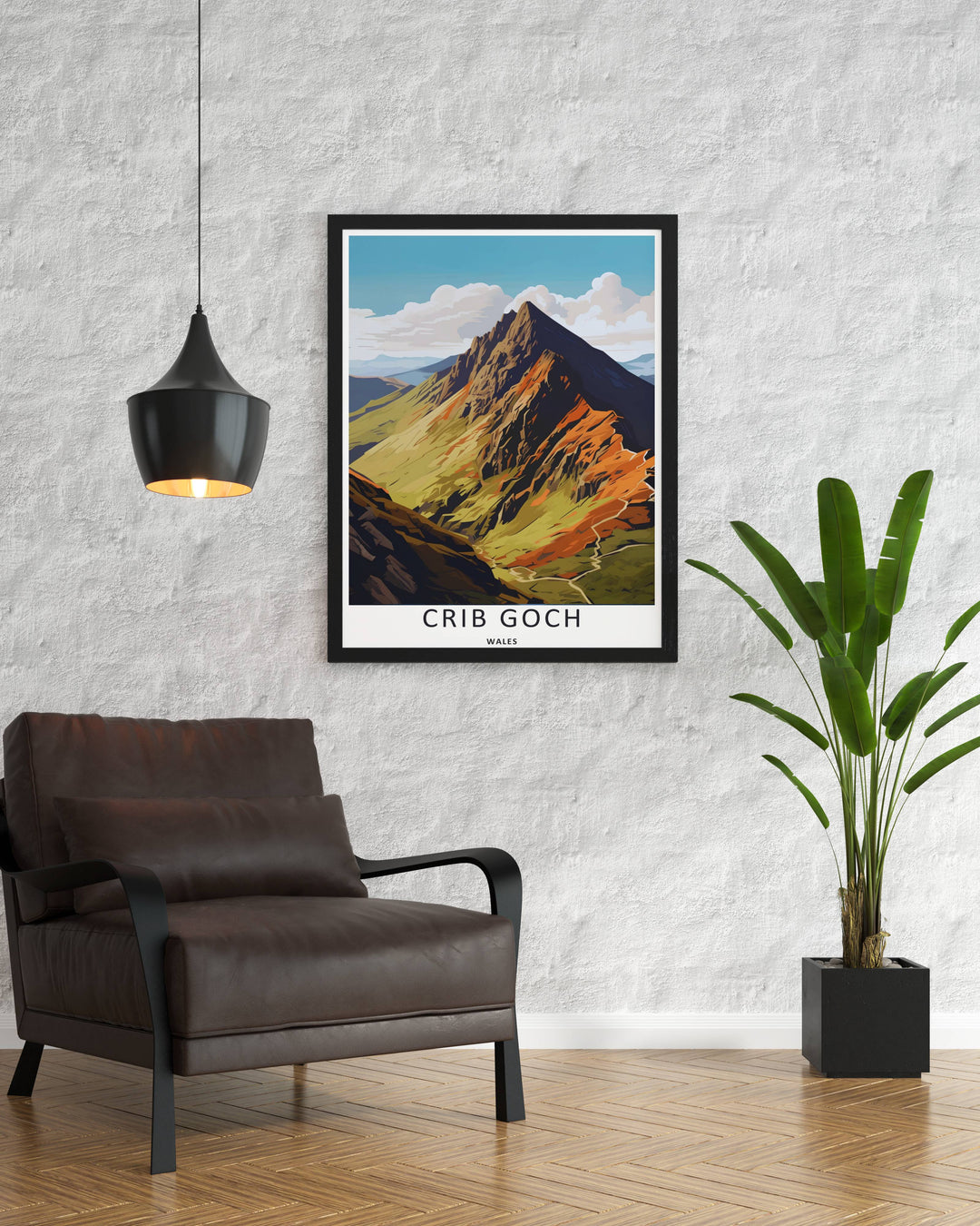 Minimalistic yet highly detailed scenic design depicting the landmark climbing location of Garnedd Ugain in central Snowdonia, offered as a canvas print or styled inside an elegant retro white frame.