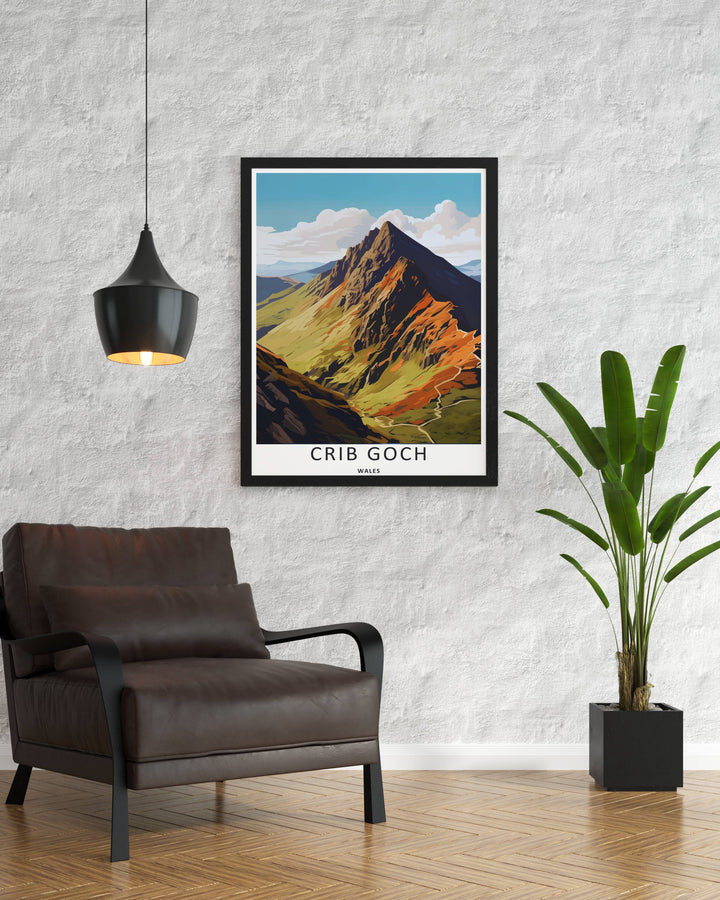 Minimalistic yet highly detailed scenic design depicting the landmark climbing location of Garnedd Ugain in central Snowdonia, offered as a canvas print or styled inside an elegant retro white frame.