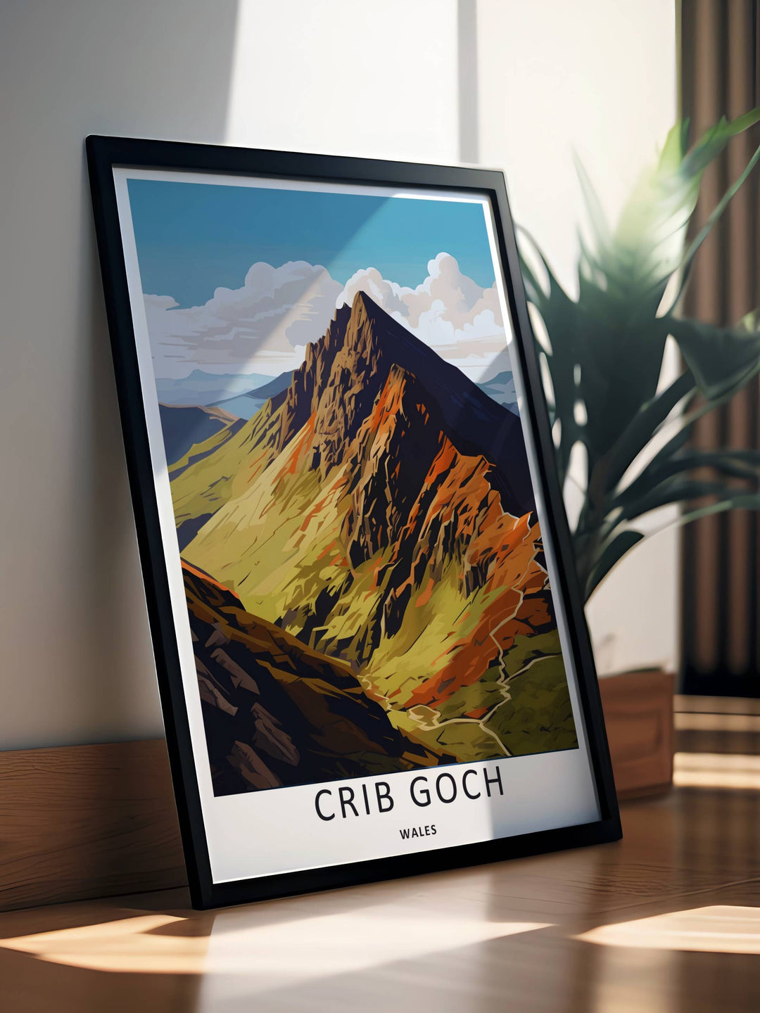 A premium fine art poster capturing the winding hiking trails and alpine greenery surrounding Garnedd Ugain in Eryri National Park, available as a canvas print or within timeless natural frames.
