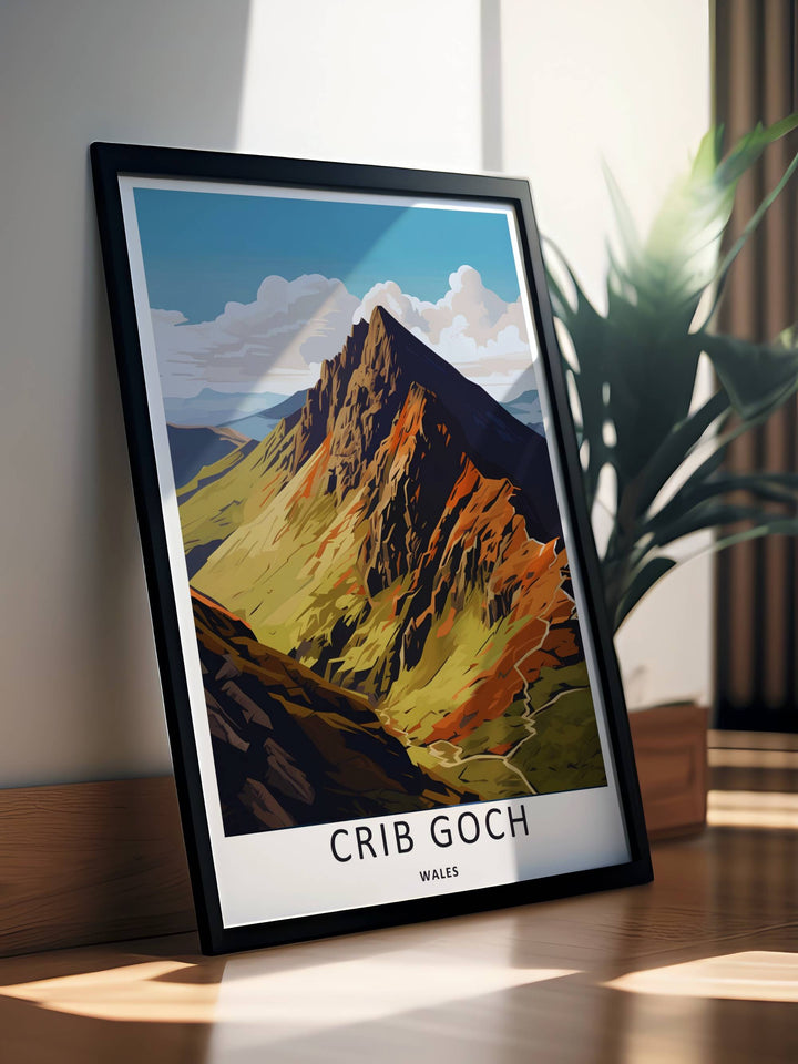 A premium fine art poster capturing the winding hiking trails and alpine greenery surrounding Garnedd Ugain in Eryri National Park, available as a canvas print or within timeless natural frames.