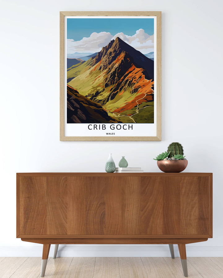 MapYourDreams high-altitude display showcasing a beautifully detailed architectural rendering of the Garnedd Ugain mountain peaks, customizable as a canvas print or a retro black framed piece.