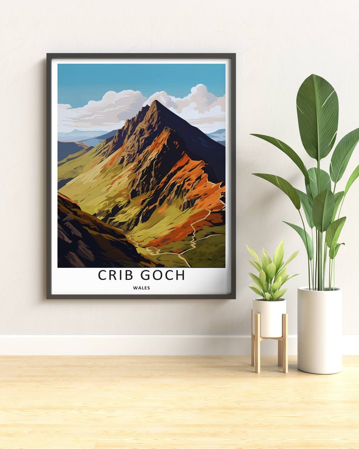 Radiant warm-toned print celebrating Welsh geography with a sharp geometric perspective of the Garnedd Ugain mountain ridge in Snowdonia, displayed on a wall within a rustic natural wood frame.
