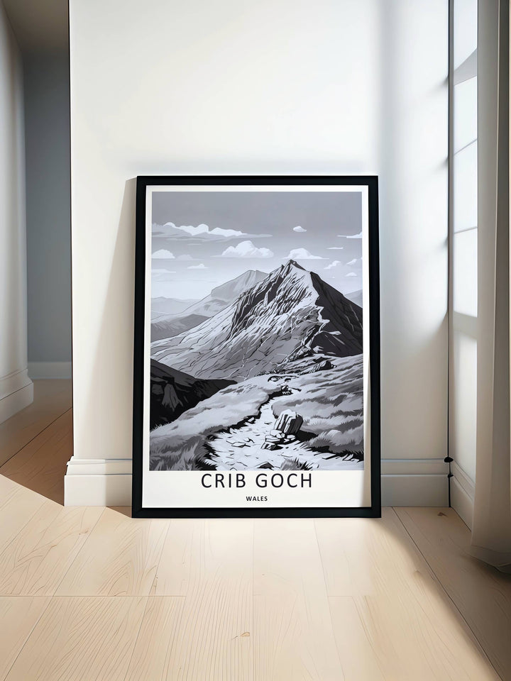 Vibrant vector print showcasing sharp grayscale sky gradients and the sun-bleached ridge lines of Crib Goch in Wales, perfect as a framed travel print for luxury Scandinavian home styling.