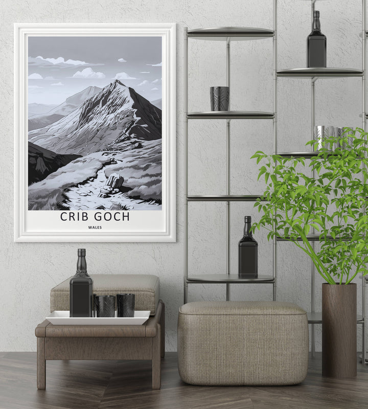 Saturated grayscale artwork highlighting the stark graphic contrast between deep ink shadows and white rocky ridges along Crib Goch in Snowdonia, making this an excellent choice for office decor.