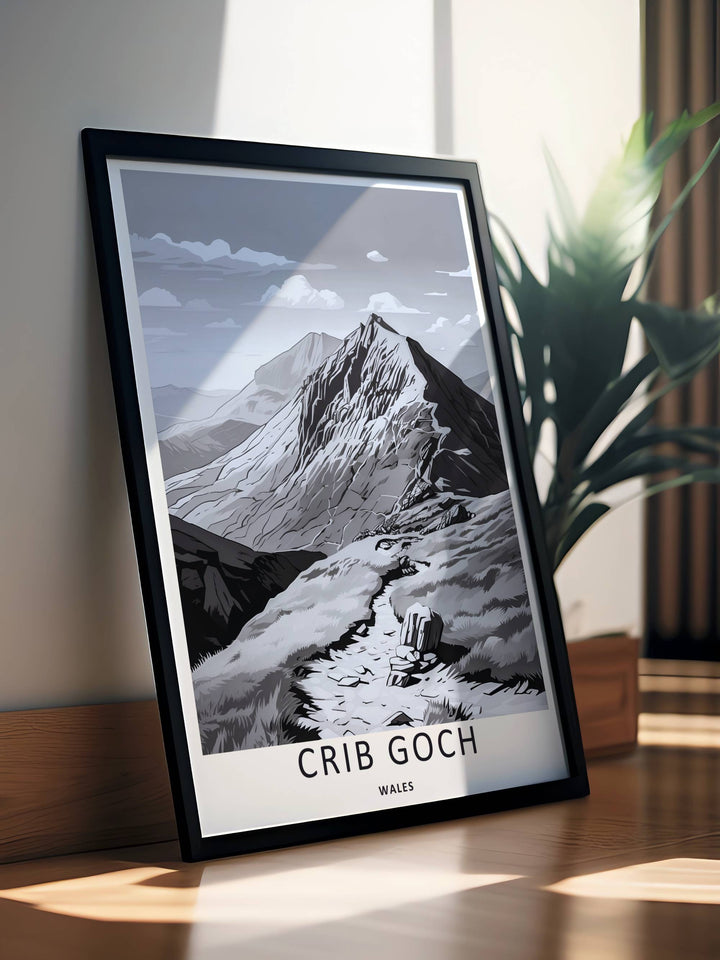 MapYourDreams high-altitude display showcasing a beautifully detailed monochrome rendering of the Crib Goch mountain peaks, customizable as a canvas print or a retro black framed piece.