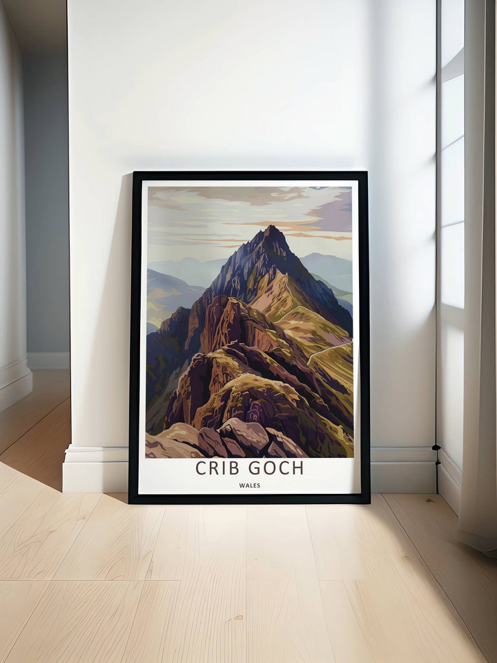 Minimalistic yet highly detailed scenic design depicting the landmark climbing location of Crib Goch in central Snowdonia, offered as a canvas print or styled inside an elegant retro white frame.