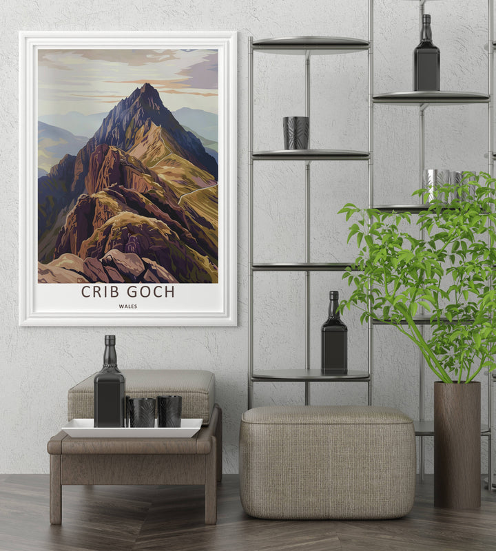 Saturated earth-tone artwork highlighting the intricate layered steps, olive green grass, and charcoal rock shadows along Crib Goch in Snowdonia, making this an excellent selection for office decor.