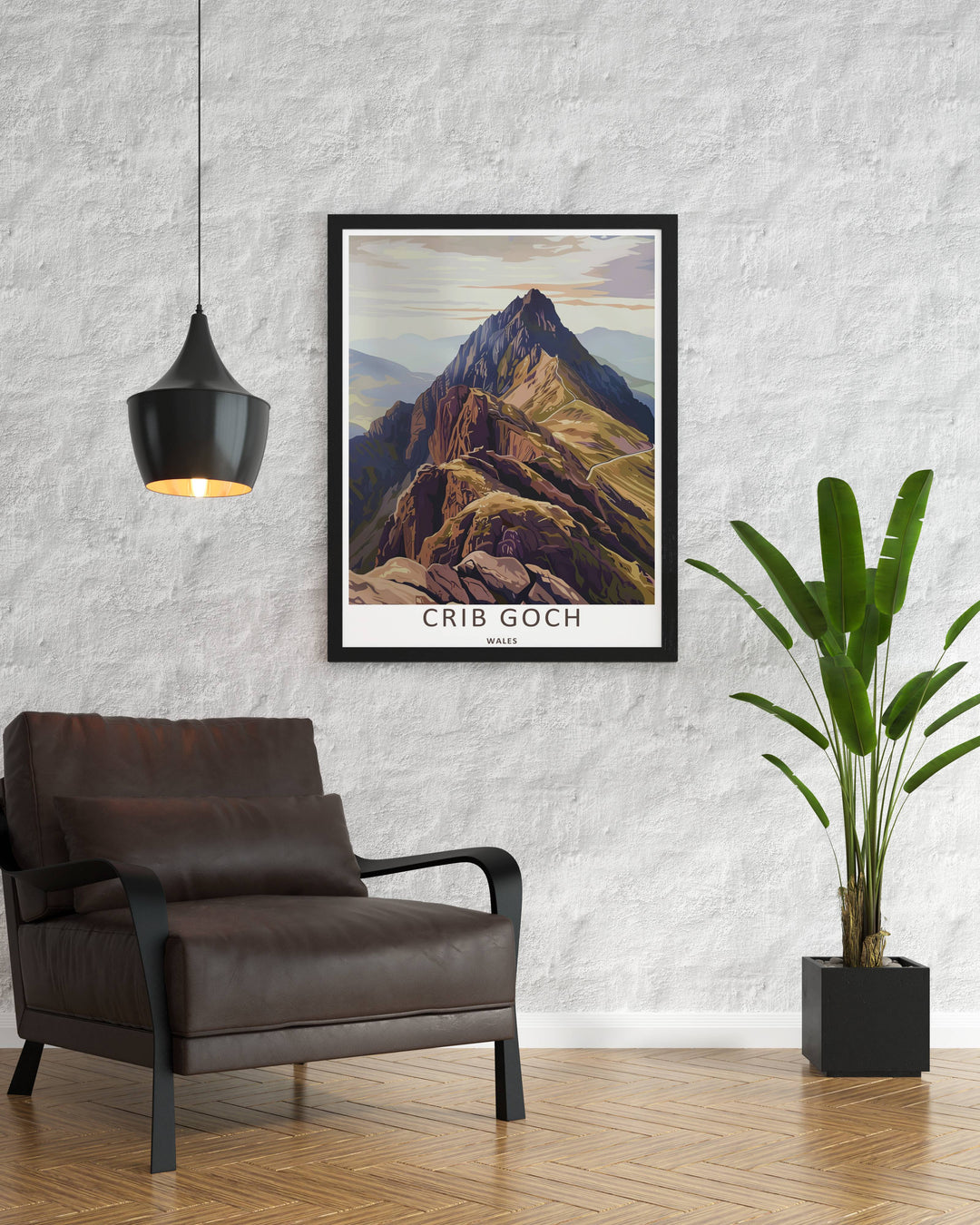 Vibrant vector print showcasing sharp blue sky gradients and the sun-bleached ridge lines of Crib Goch in Wales, perfect as a framed travel print for luxury Scandinavian home styling.