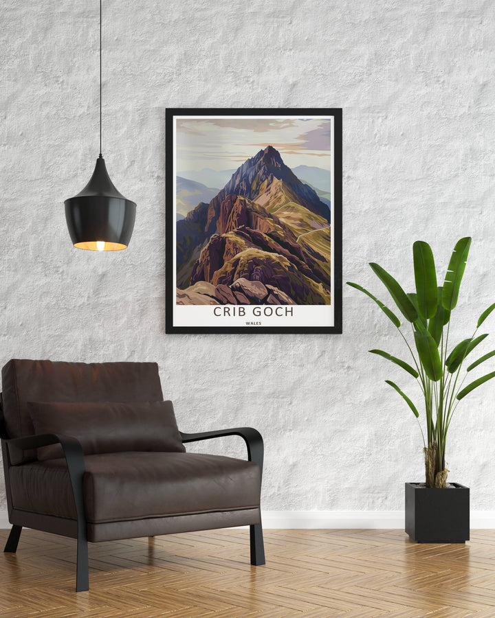 Vibrant vector print showcasing sharp blue sky gradients and the sun-bleached ridge lines of Crib Goch in Wales, perfect as a framed travel print for luxury Scandinavian home styling.