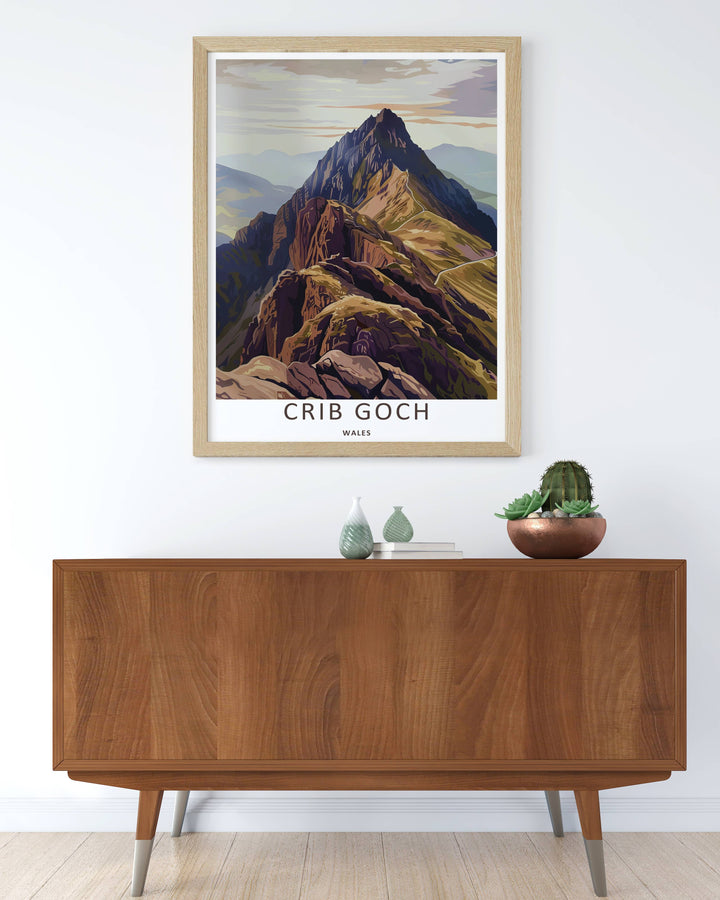 Modern graphic rendering of the historic hiking routes traversing across Crib Goch in Snowdonia, acting as stunning adventure wall decor available to order in sleek finished grey frames.
