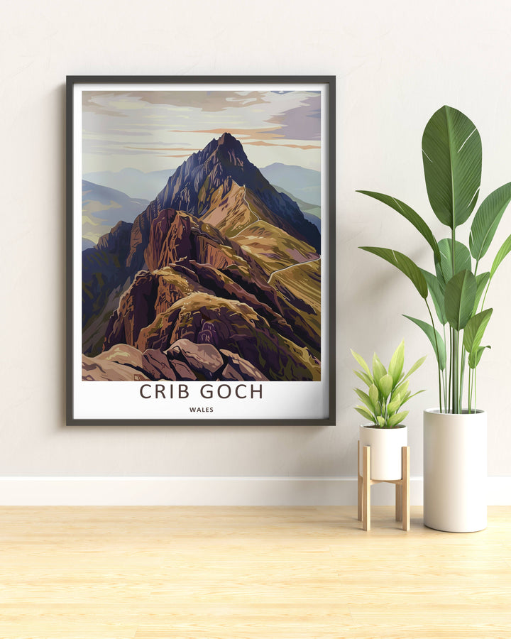 Clean mountain terrain illustration focusing on the sheer vertical drops of Crib Goch ridge in North Wales, creating a gorgeous display piece ideal for an entry hallway gallery wall arrangement.
