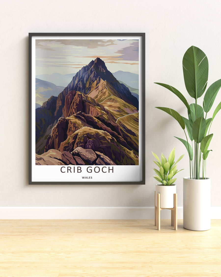 Clean mountain terrain illustration focusing on the sheer vertical drops of Crib Goch ridge in North Wales, creating a gorgeous display piece ideal for an entry hallway gallery wall arrangement.