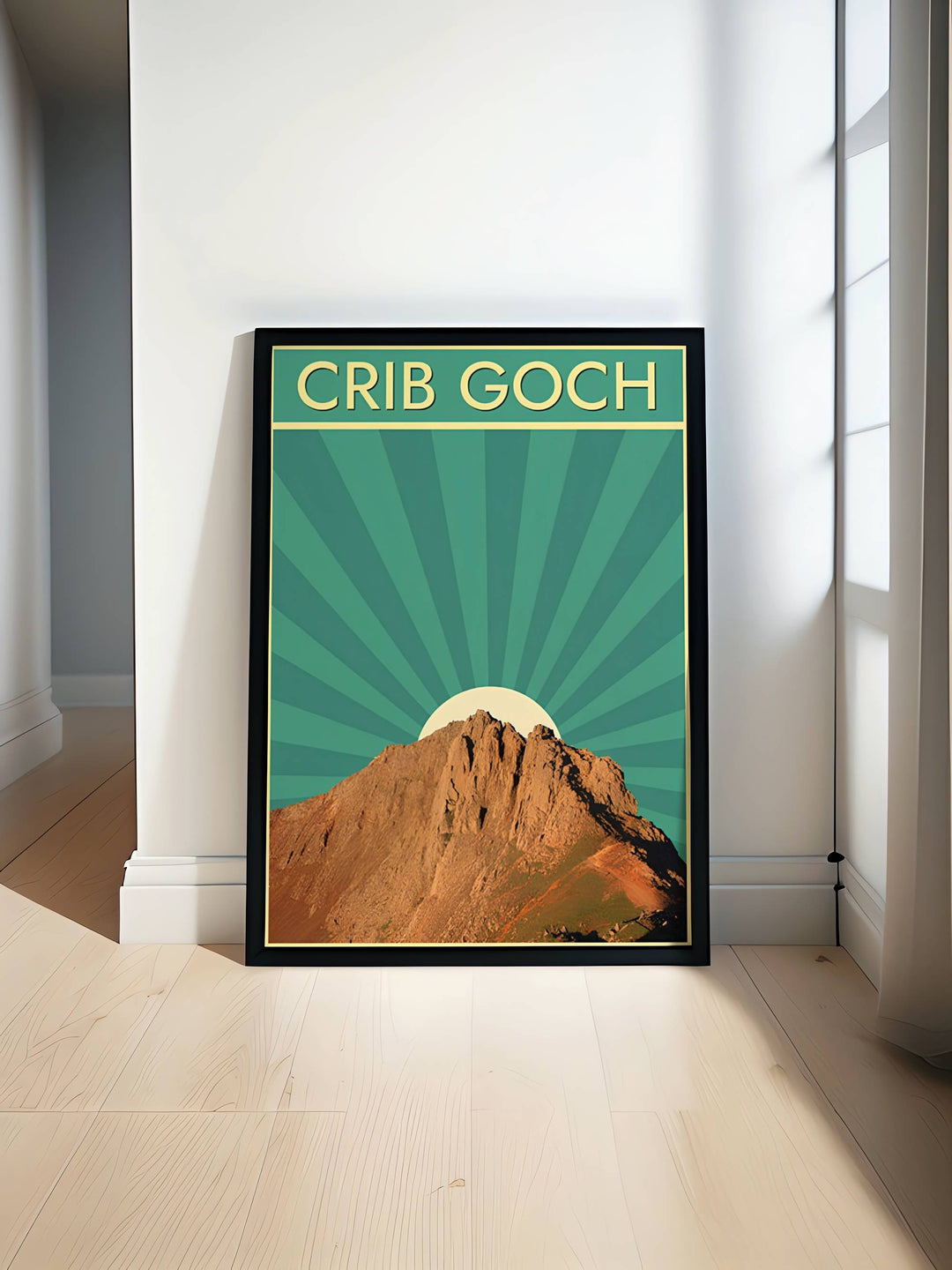 A clean and bright travel poster of the Crib Goch ridge from MapYourDreams, expertly manufactured as a canvas print, a classic unframed poster, or a framed masterwork. This time-honored Snowdonia, Wales mountain art adds a refreshing, colorful, and vintage aesthetic to a modern home gallery wall or office space.