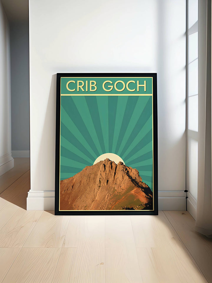 A clean and bright travel poster of the Crib Goch ridge from MapYourDreams, expertly manufactured as a canvas print, a classic unframed poster, or a framed masterwork. This time-honored Snowdonia, Wales mountain art adds a refreshing, colorful, and vintage aesthetic to a modern home gallery wall or office space.