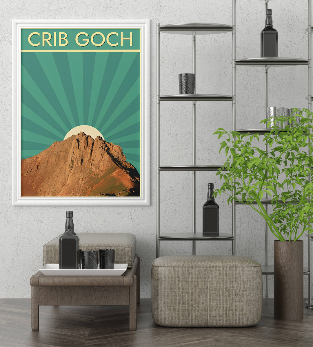 A detailed artistic print depicting the Crib Goch mountain peak in Wales, selectable as an elegant canvas, a minimalist unframed poster, or a framed print. The vintage travel poster aesthetic uses a vibrant teal radiant sunburst background to add a modern retro feel to this classic Welsh mountain wall art.