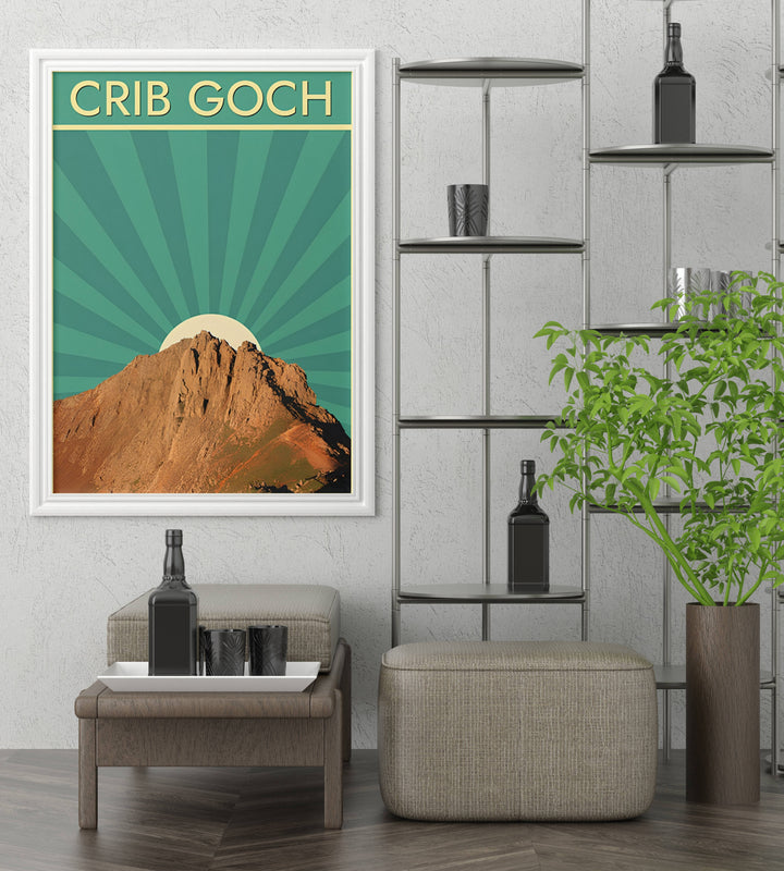 A detailed artistic print depicting the Crib Goch mountain peak in Wales, selectable as an elegant canvas, a minimalist unframed poster, or a framed print. The vintage travel poster aesthetic uses a vibrant teal radiant sunburst background to add a modern retro feel to this classic Welsh mountain wall art.