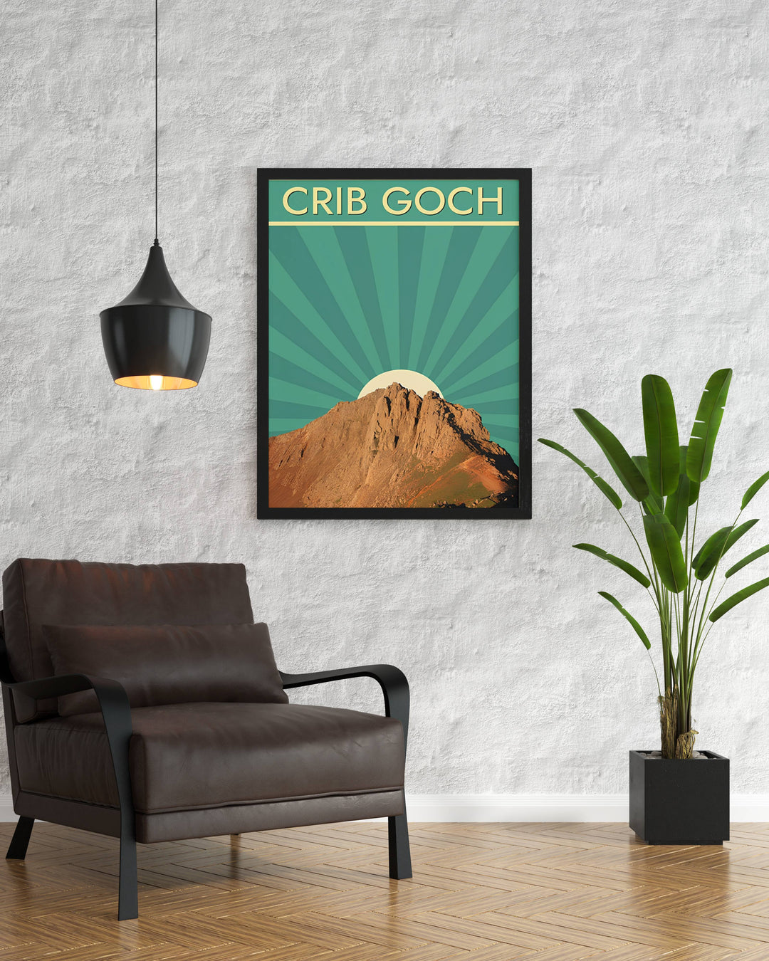 A beautiful mountain theme travel poster featuring the rugged peak of Crib Goch, Snowdonia, Wales, available in versatile unframed, framed, or canvas print formats. The vibrant nature art print includes bold typography across the top, making it perfect wall decor for hiking enthusiasts and travelers.