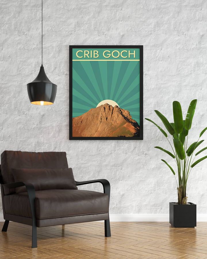 A beautiful mountain theme travel poster featuring the rugged peak of Crib Goch, Snowdonia, Wales, available in versatile unframed, framed, or canvas print formats. The vibrant nature art print includes bold typography across the top, making it perfect wall decor for hiking enthusiasts and travelers.