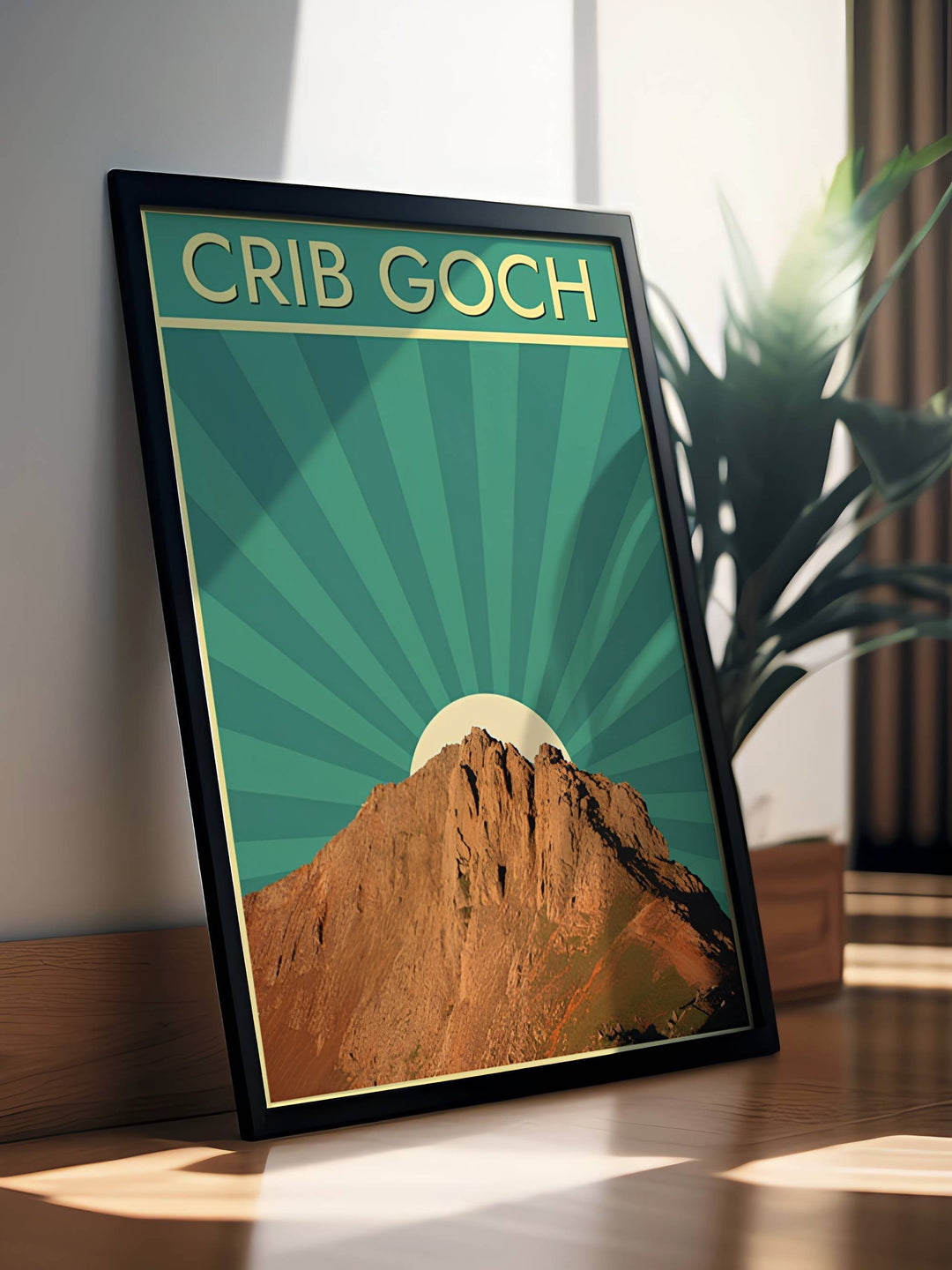Graphic illustration print of the famous Crib Goch scramble trail in Snowdonia, Wales, crafted beautifully as a canvas print, an unframed art poster, or a framed gallery piece. The travel decor shows the sharp mountain ridge bathed in late afternoon sun against a stylized retro sunburst backdrop design.