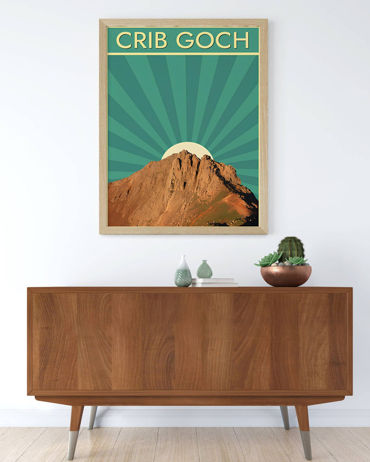 Modern travel poster art featuring a retro design of Crib Goch, Wales, which can be ordered as a stretched canvas, an unframed poster, or a ready-to-hang framed print. The landscape print combines a realistic mountain face with abstract geometric lines to create eye-catching home decor for living rooms or offices.